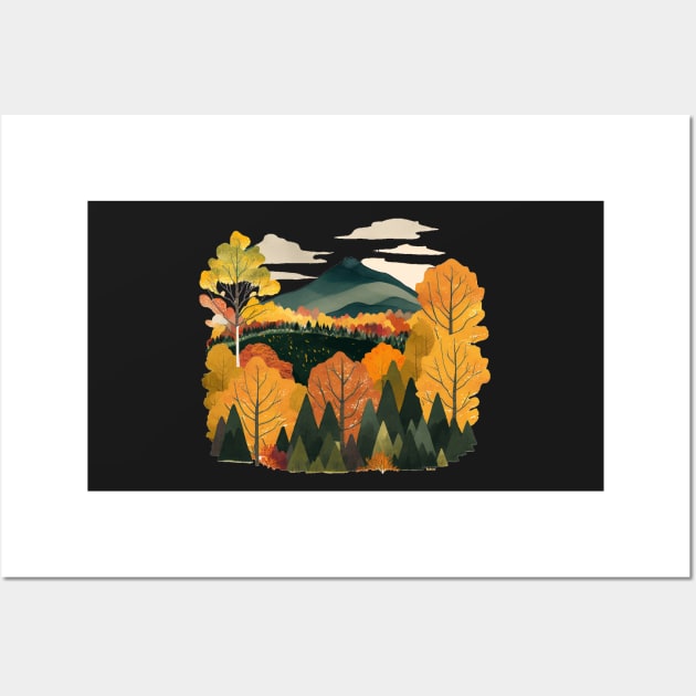 New England Autumn Leaves Landscape Illustration Wall Art by peachycrossing